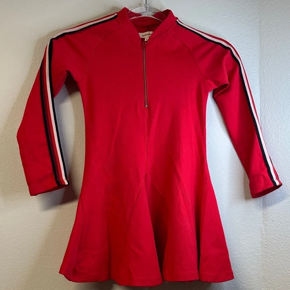 Catimini Girls Red Half-Zip Mock Neck Dress Striped Sleeves Girls Size 7 EUC